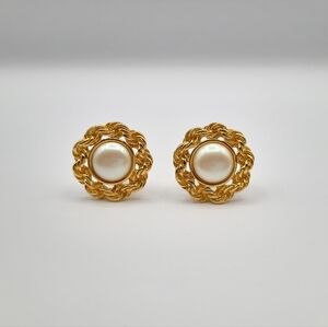 Vintage Monet Pearl Clip-On Earrings • Gold Tone Rope Halo Statement